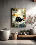 Black Cat Reading in Bed Canvas Art Print: Cozy Feline Illustration