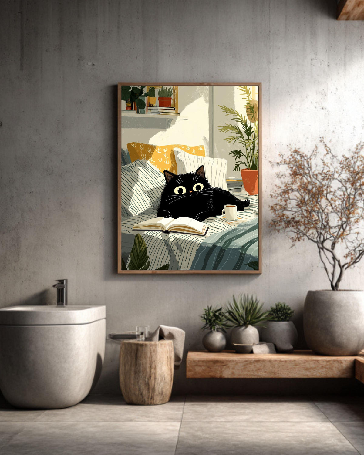 Black Cat Reading in Bed Canvas Art Print: Cozy Feline Illustration