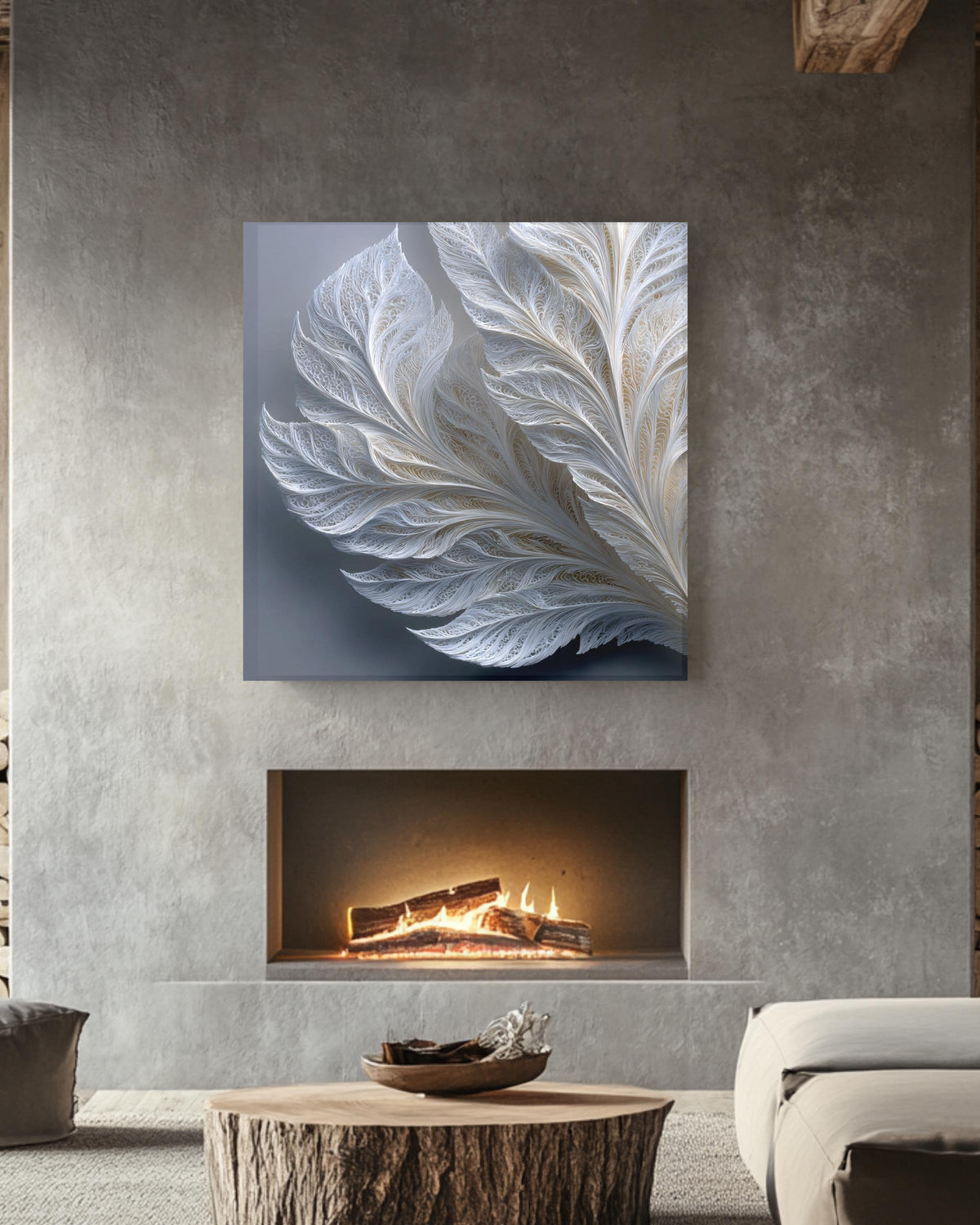 White Feather Abstract Wall Art, Minimalist Modern Textured Design, Elegant Neutral Poster, Sophisticated Line Pattern