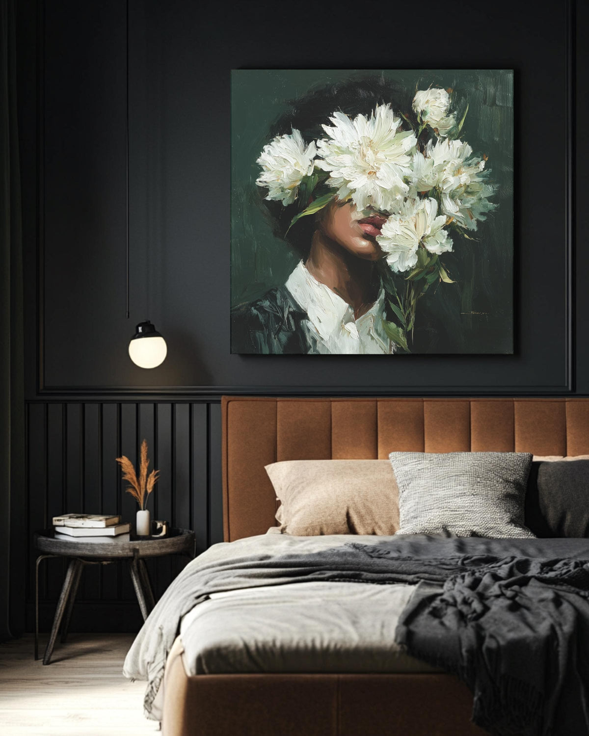 Floral Face Oil Painting Wall Art, Woman with White Flowers Abstract Portrait, Modern Botanical Canvas, Chic Feminine Art Poster