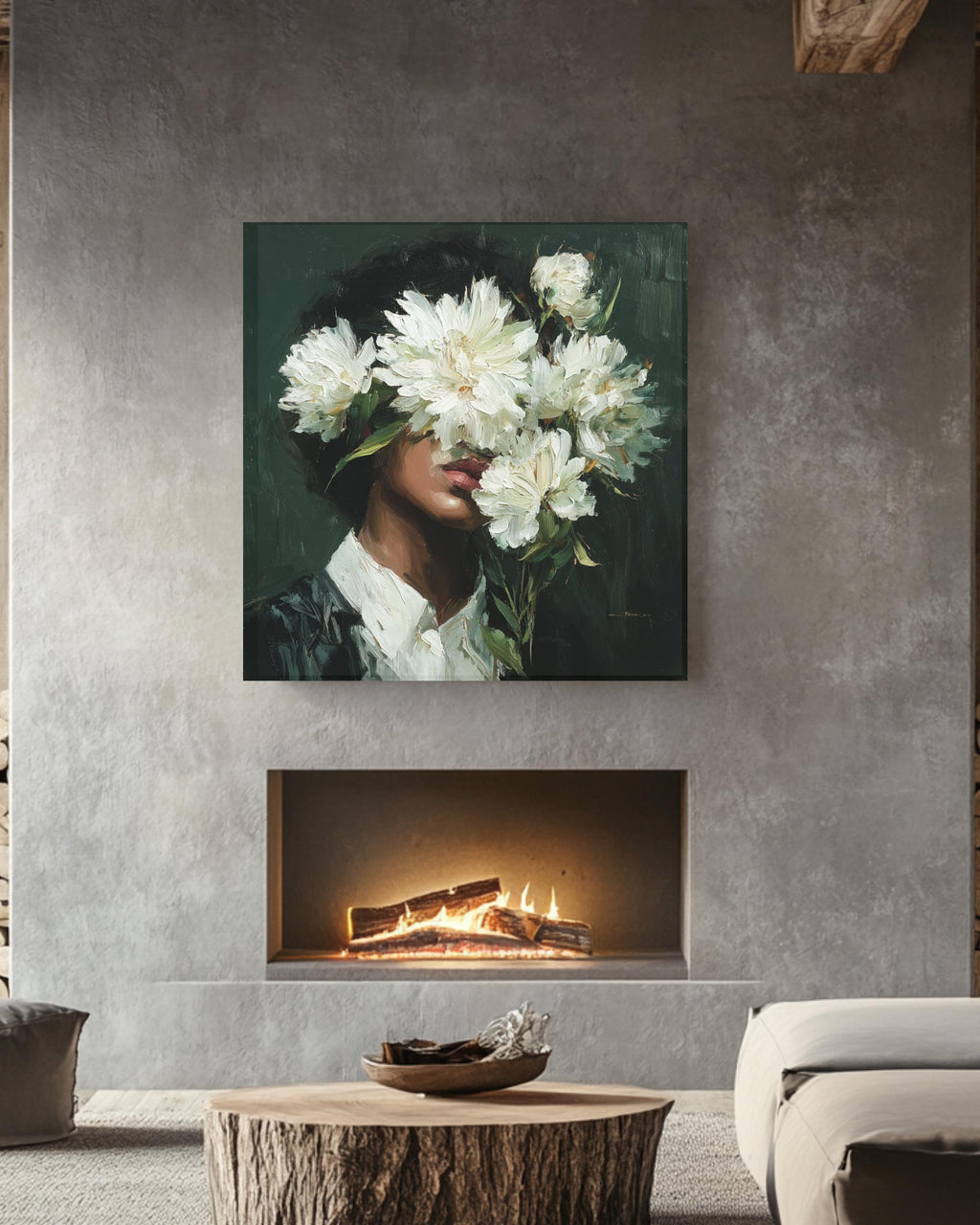 Floral Face Oil Painting Wall Art, Woman with White Flowers Abstract Portrait, Modern Botanical Canvas, Chic Feminine Art Poster