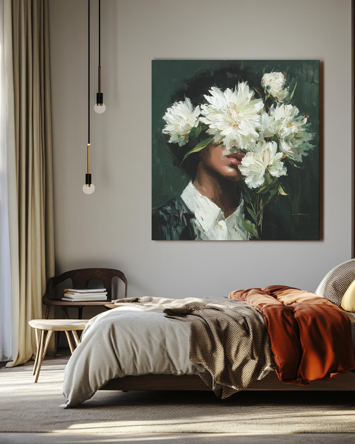 Floral Face Oil Painting Wall Art, Woman with White Flowers Abstract Portrait, Modern Botanical Canvas, Chic Feminine Art Poster