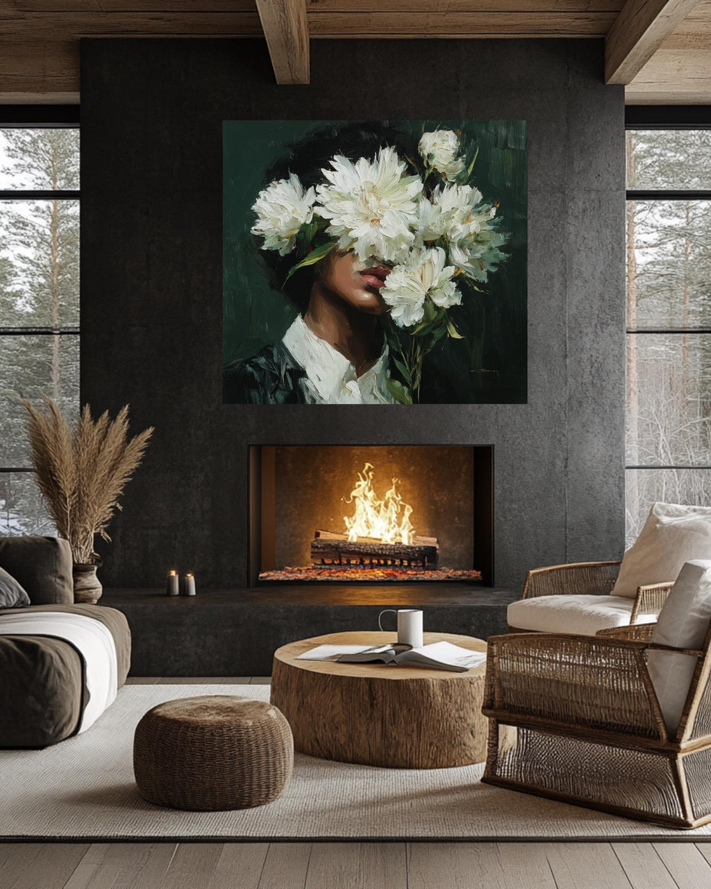 Floral Face Oil Painting Wall Art, Woman with White Flowers Abstract Portrait, Modern Botanical Canvas, Chic Feminine Art Poster