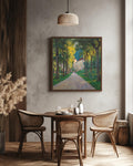 European Castle Pathway Landscape Art Print, Sunlit Forest Road Painting, Vintage Nature Scene Poster, Tranquil Countryside Canvas
