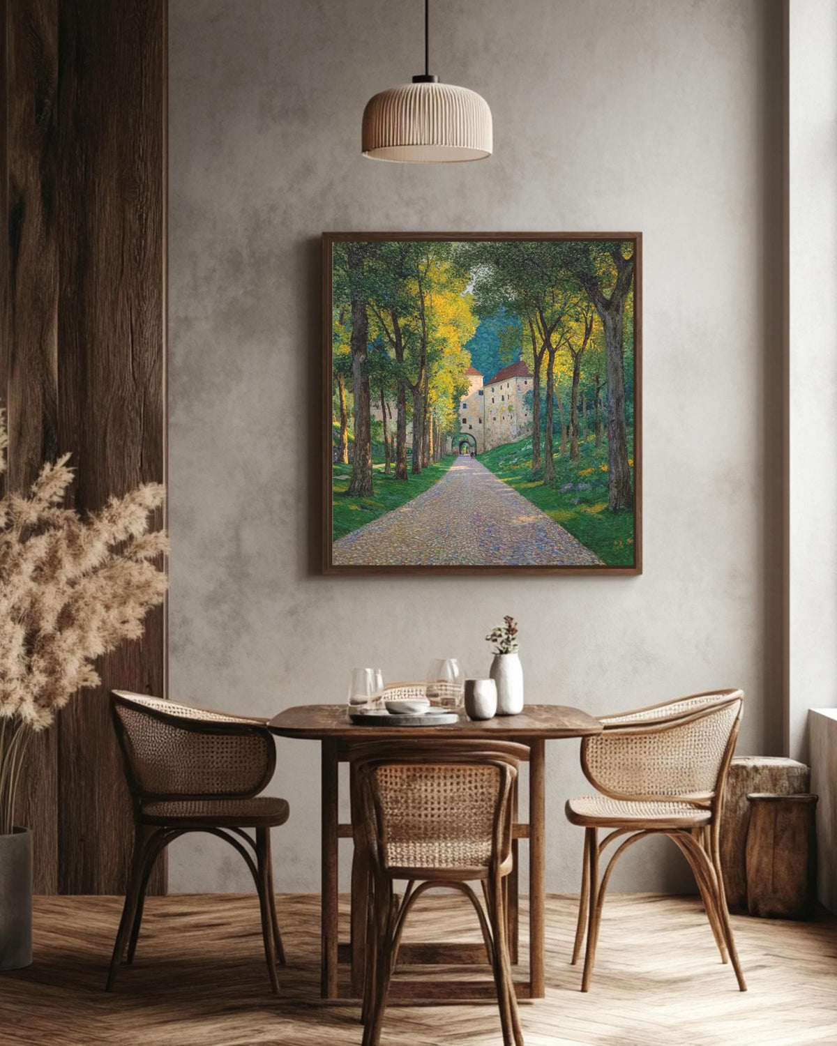 European Castle Pathway Landscape Art Print, Sunlit Forest Road Painting, Vintage Nature Scene Poster, Tranquil Countryside Canvas