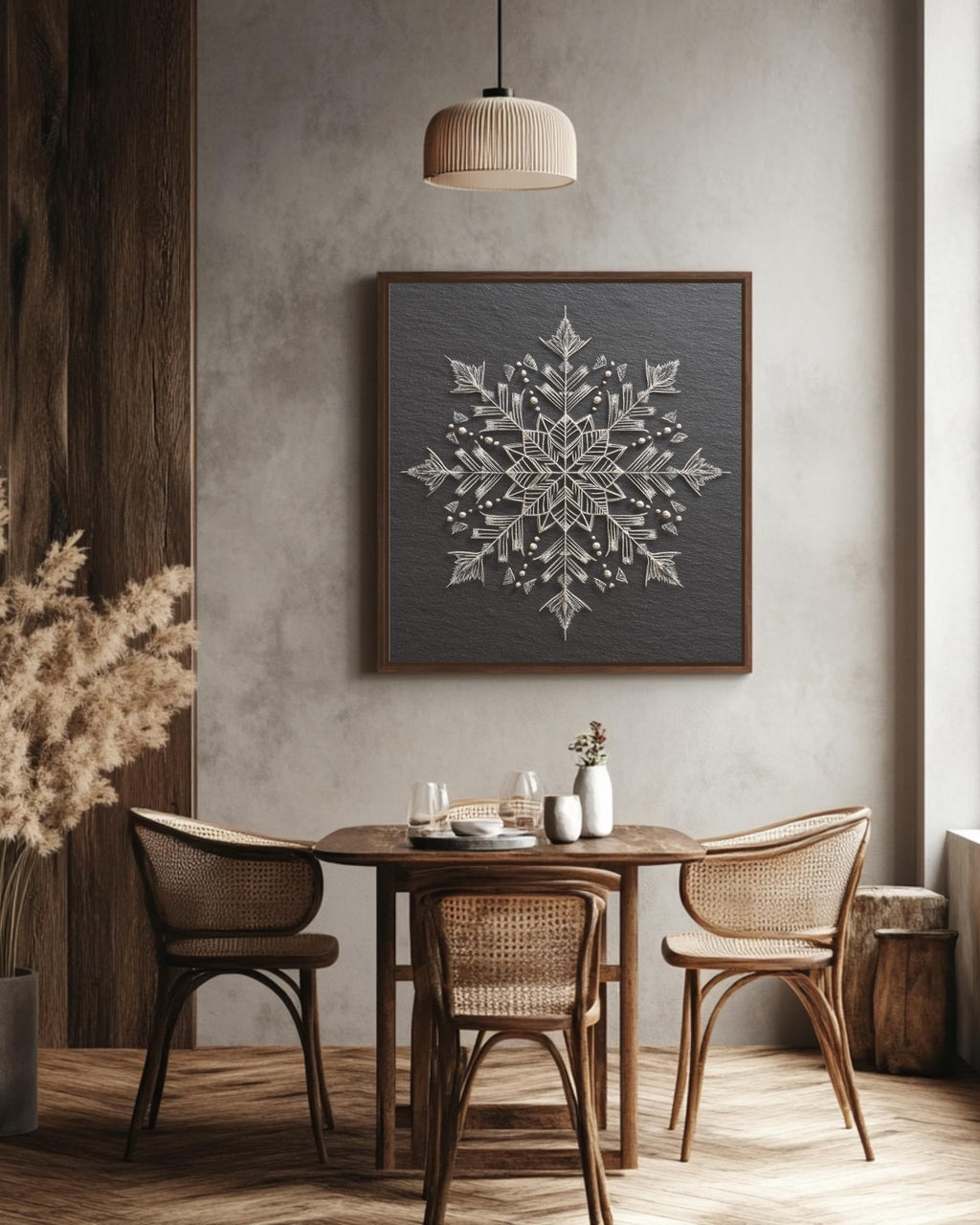 Chalk Snowflake Art Print, Symmetrical Winter Wall Decor, Minimalist Black and White Poster, Elegant Geometric Snow Pattern Canvas