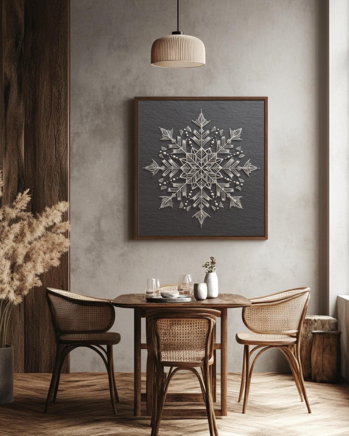 Chalk Snowflake Art Print, Symmetrical Winter Wall Decor, Minimalist Black and White Poster, Elegant Geometric Snow Pattern Canvas
