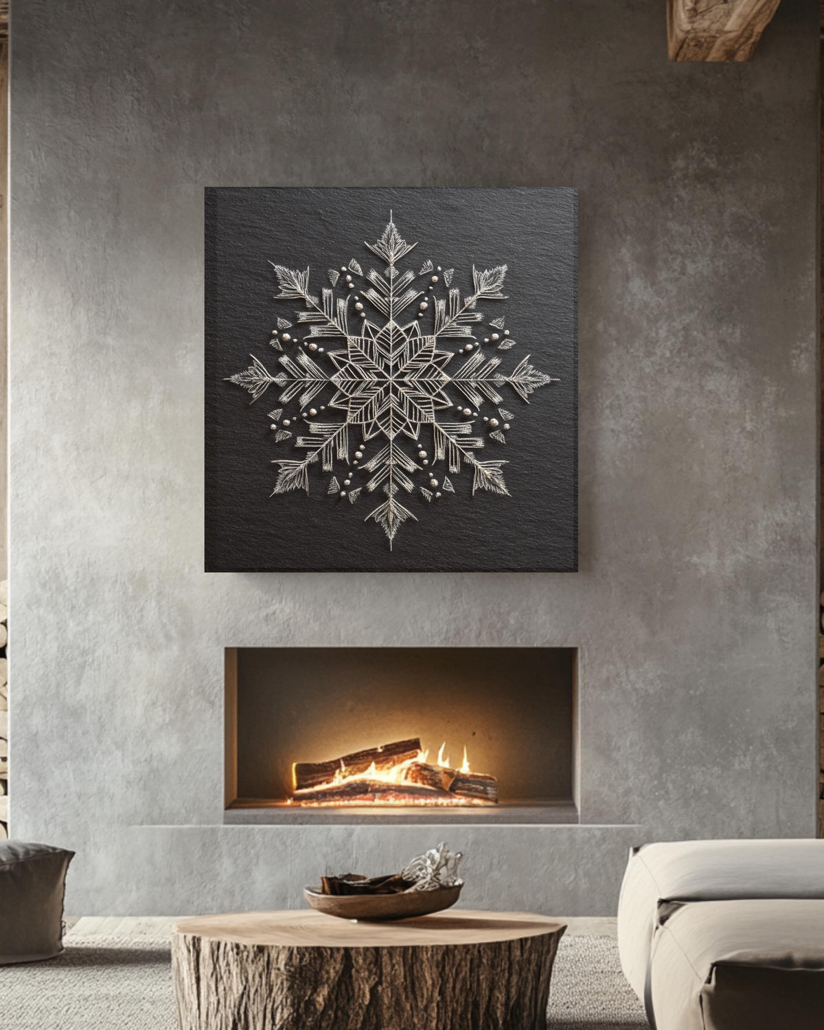 Chalk Snowflake Art Print, Symmetrical Winter Wall Decor, Minimalist Black and White Poster, Elegant Geometric Snow Pattern Canvas