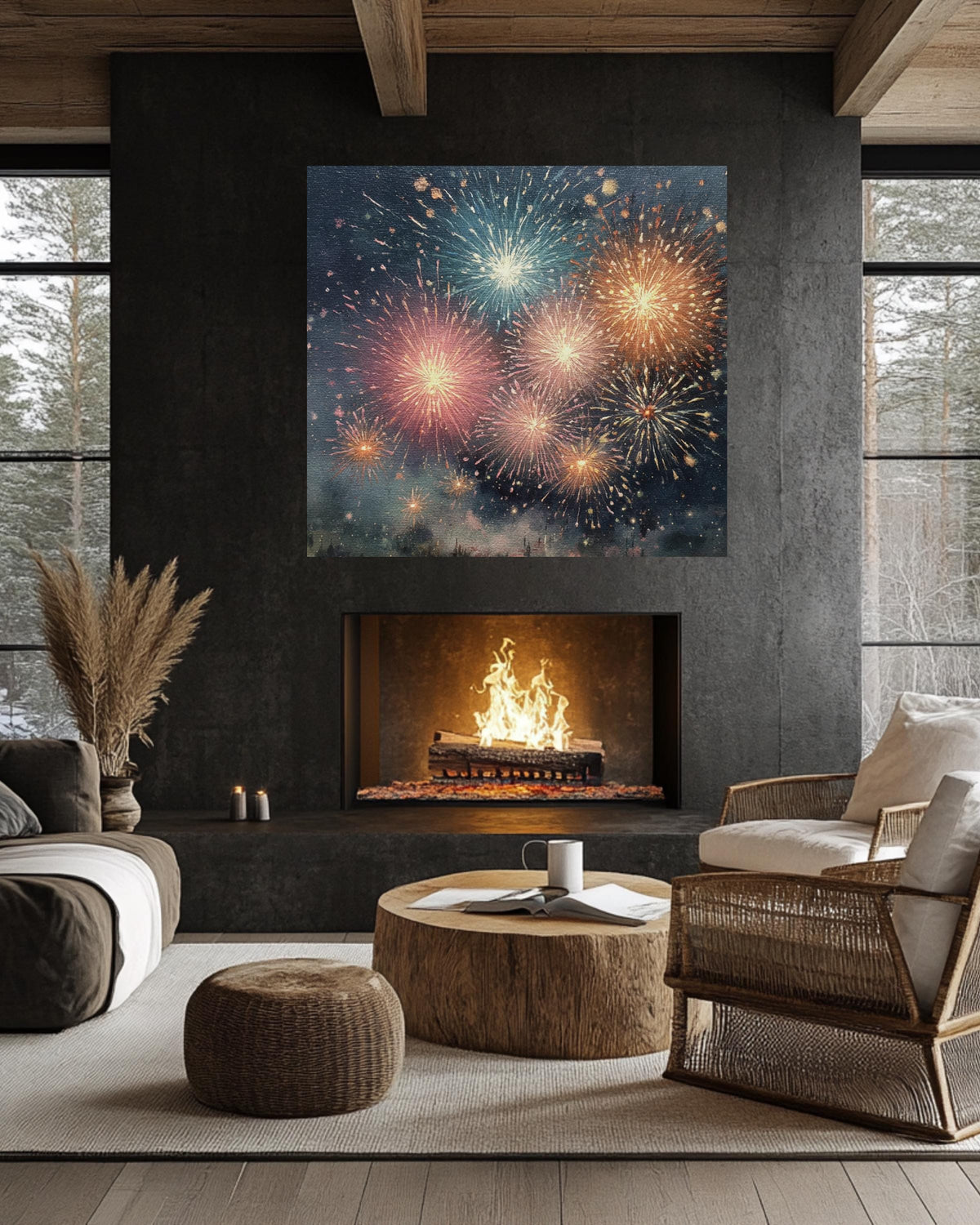 Fireworks Oil Painting Night Sky Wall Art, Detailed Brush Stroke Texture, Vibrant Festival Celebration Poster, Abstract Canvas
