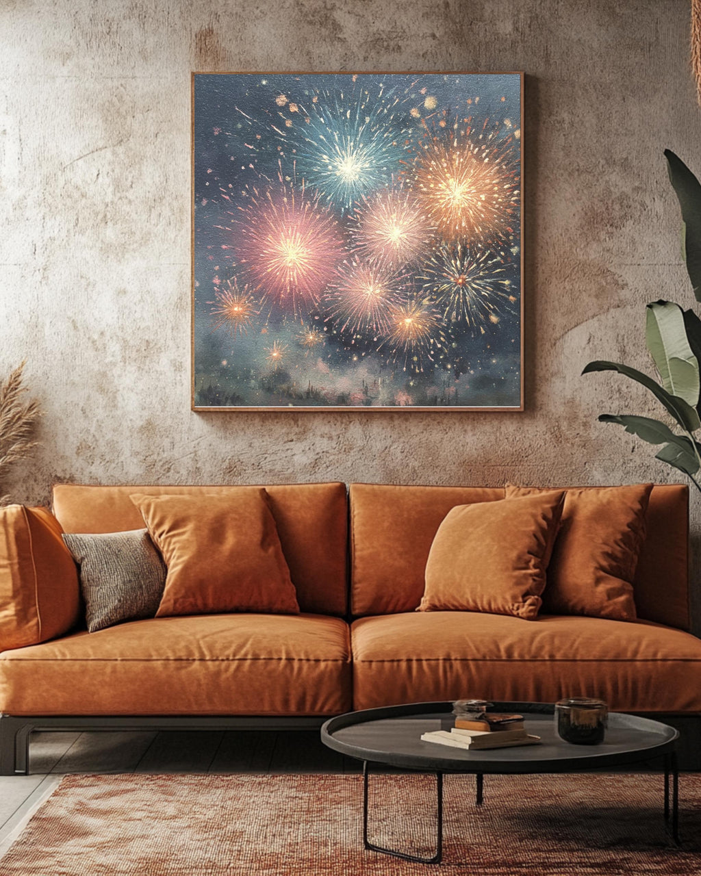 Fireworks Oil Painting Night Sky Wall Art, Detailed Brush Stroke Texture, Vibrant Festival Celebration Poster, Abstract Canvas