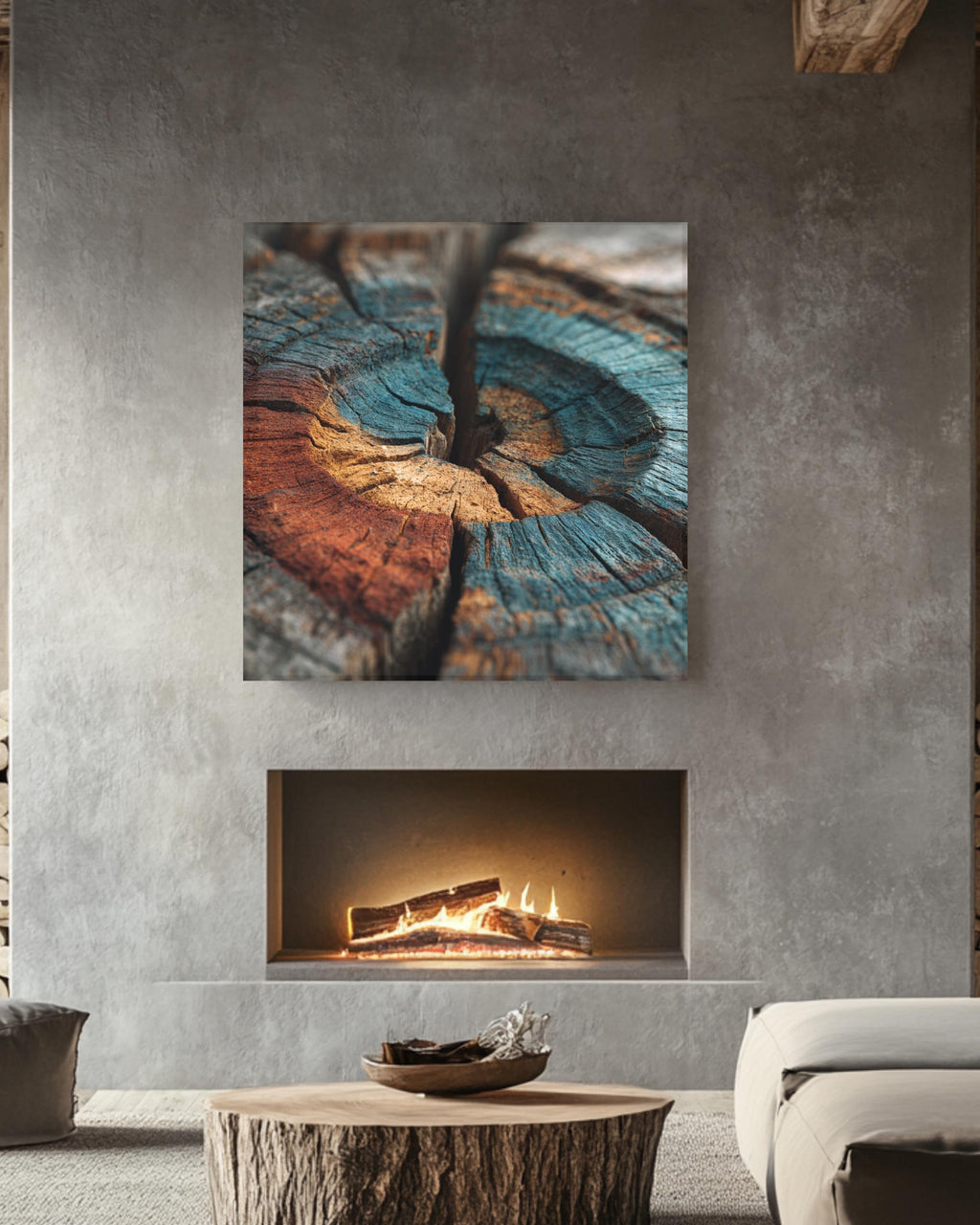 Colorful Tree Rings Wall Art, Weathered Wood Grain Texture Print, Abstract Earth Tone Poster, Natural Rustic Canvas