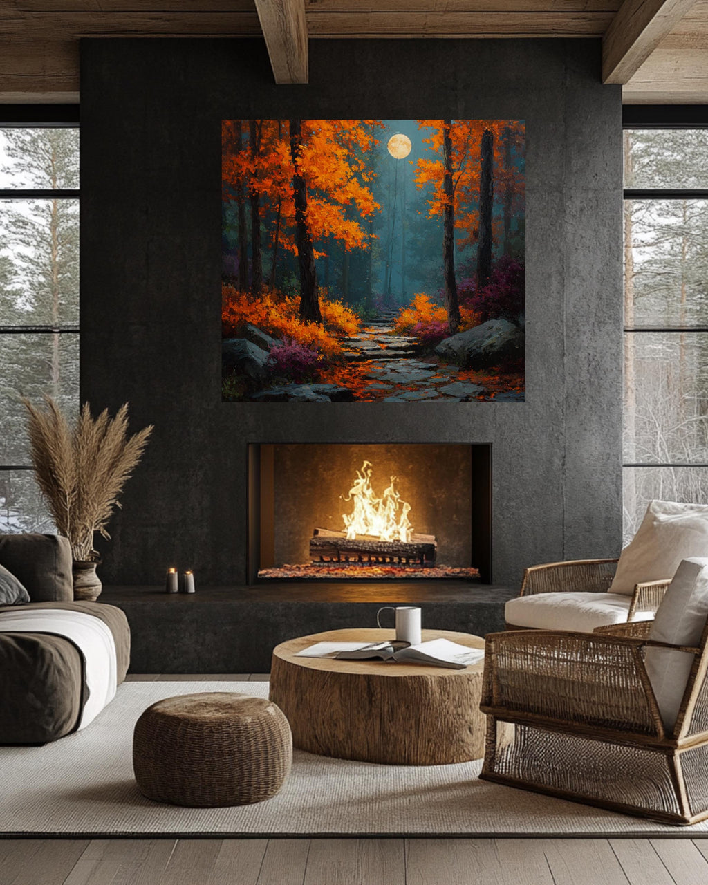 Autumn Forest Path Wall Art, Harvest Moon Night Poster, Orange Red Fall Landscape Canvas, Mystical Moonlight Trail Painting
