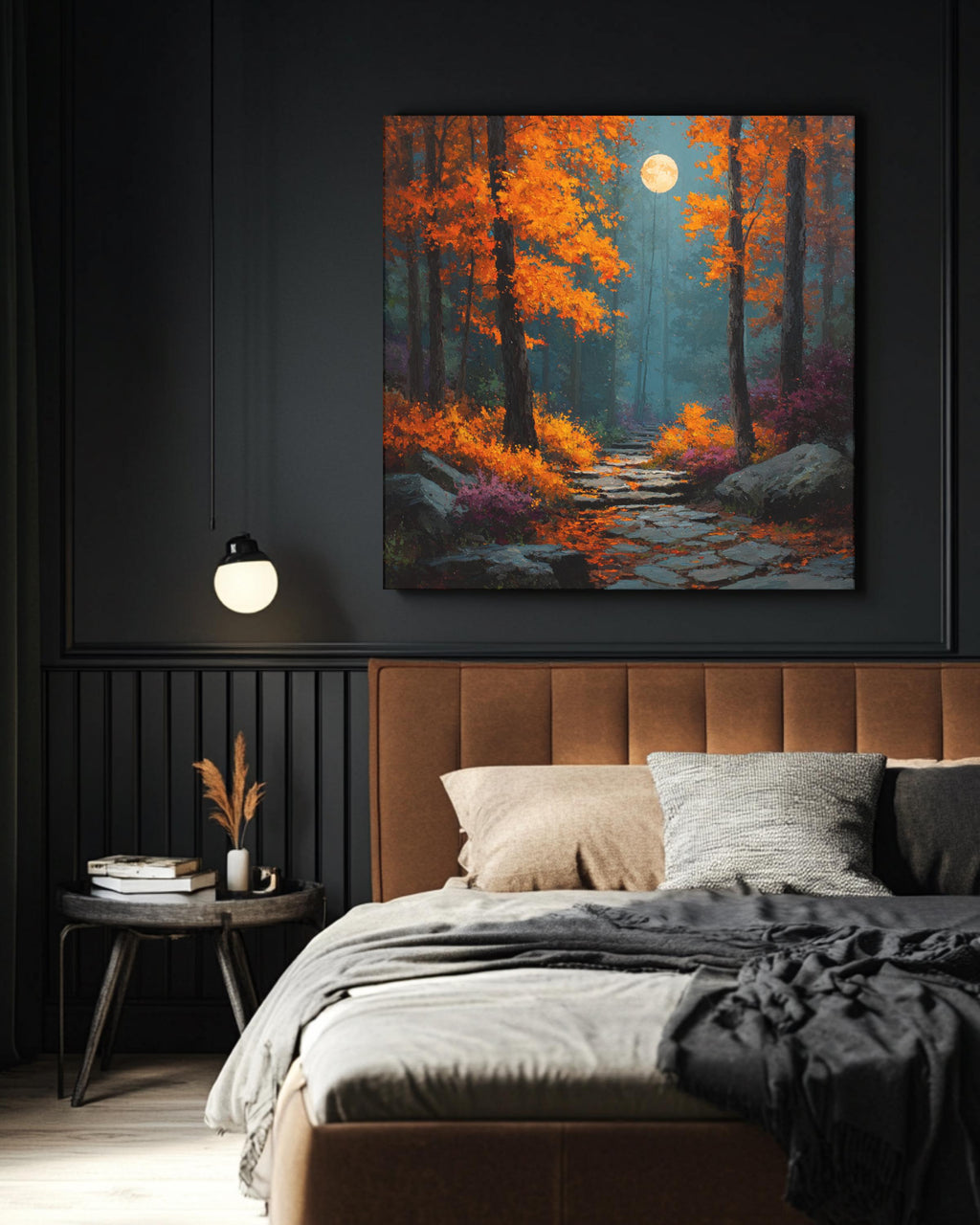 Autumn Forest Path Wall Art, Harvest Moon Night Poster, Orange Red Fall Landscape Canvas, Mystical Moonlight Trail Painting