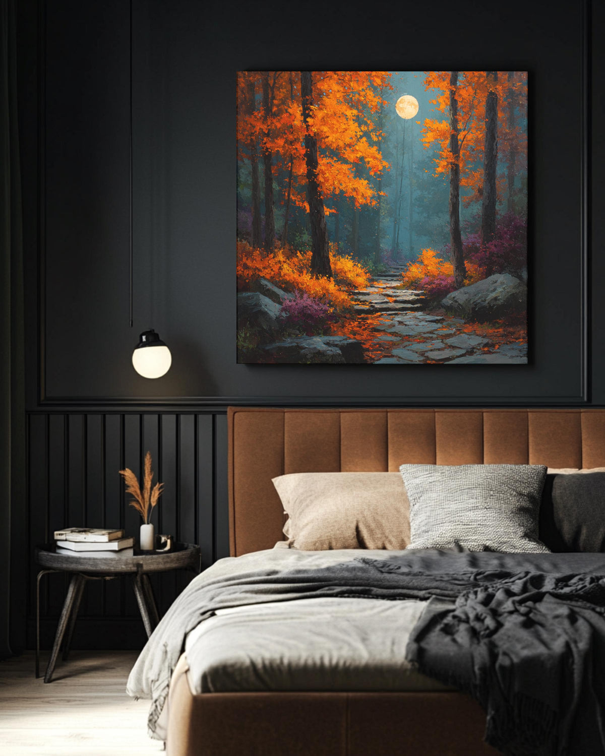 Autumn Forest Path Wall Art, Harvest Moon Night Poster, Orange Red Fall Landscape Canvas, Mystical Moonlight Trail Painting