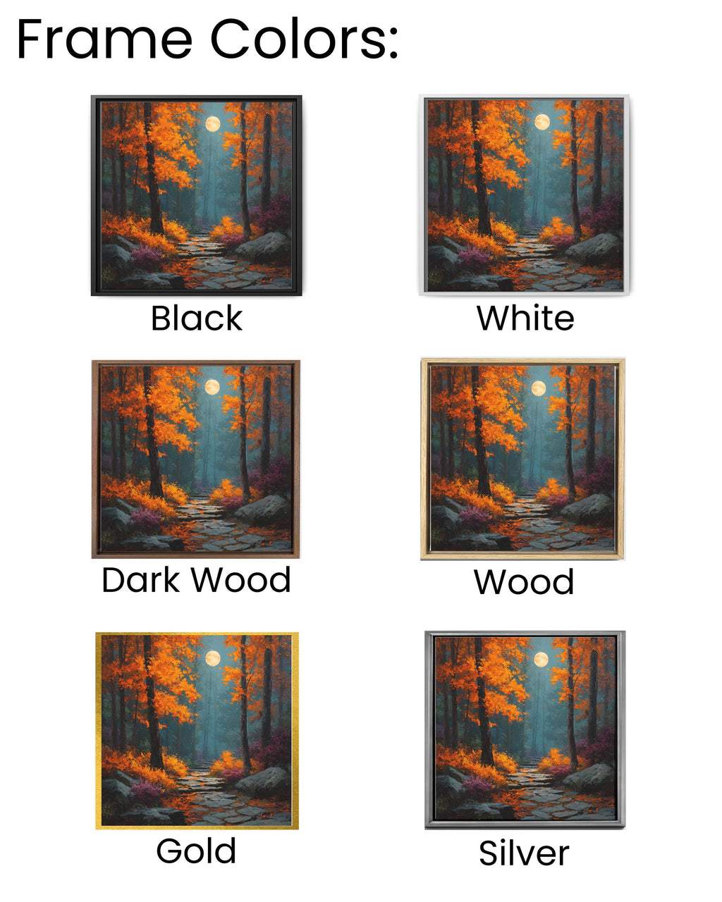Autumn Forest Path Wall Art, Harvest Moon Night Poster, Orange Red Fall Landscape Canvas, Mystical Moonlight Trail Painting