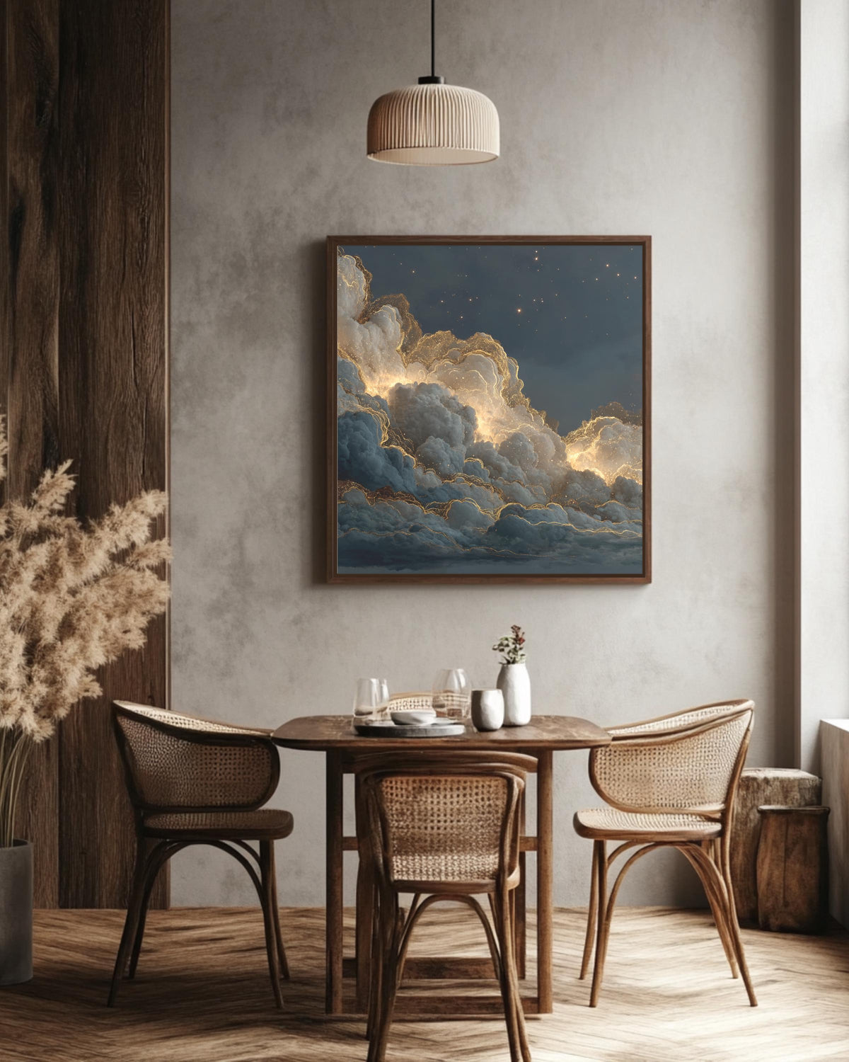 Golden Cloud Night Sky Wall Art, Dark Starry Heaven Poster, Glitter Edge Cloud Canvas, Hyper Realistic Galaxy Print, Elegant Celestial