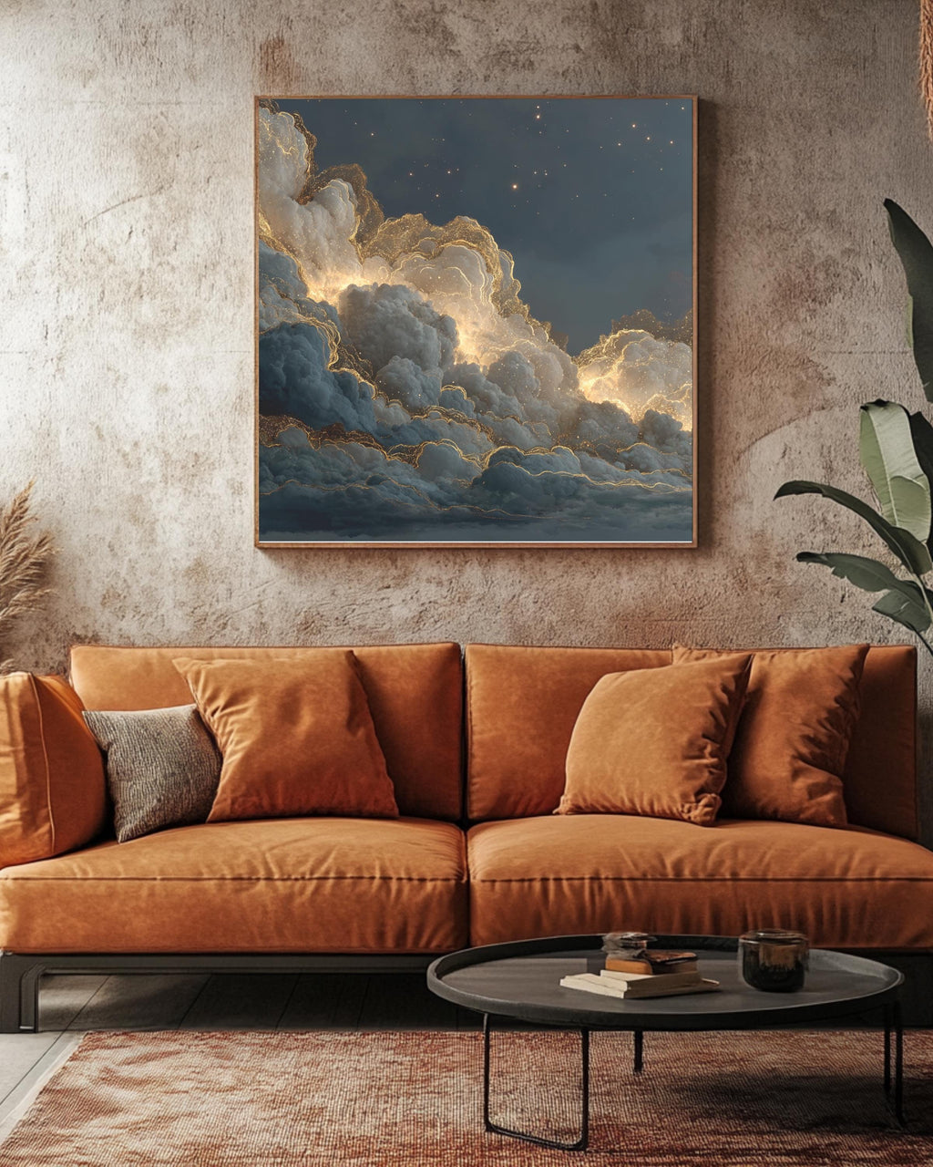 Golden Cloud Night Sky Wall Art, Dark Starry Heaven Poster, Glitter Edge Cloud Canvas, Hyper Realistic Galaxy Print, Elegant Celestial