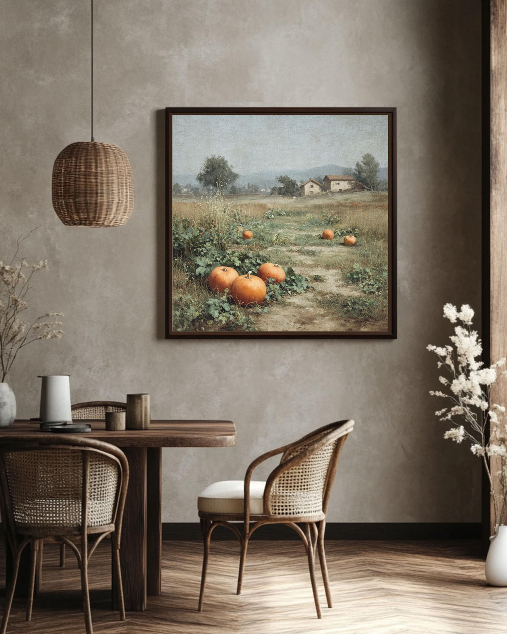 Pumpkin Field Canvas Print: Vintage Farmhouse Fall Landscape Wall Art