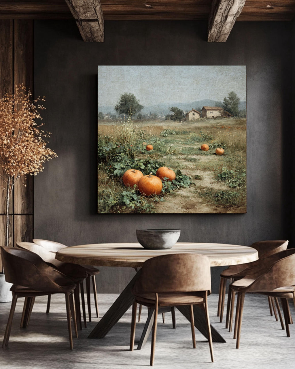 Pumpkin Field Canvas Print: Vintage Farmhouse Fall Landscape Wall Art