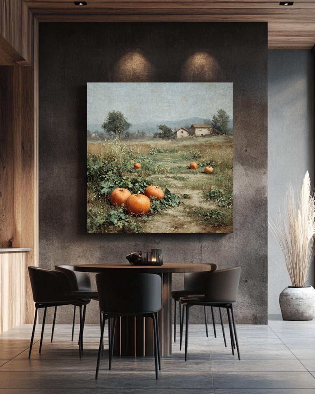 Pumpkin Field Canvas Print: Vintage Farmhouse Fall Landscape Wall Art