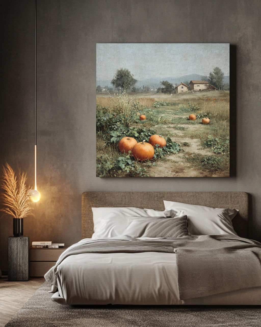 Pumpkin Field Canvas Print: Vintage Farmhouse Fall Landscape Wall Art