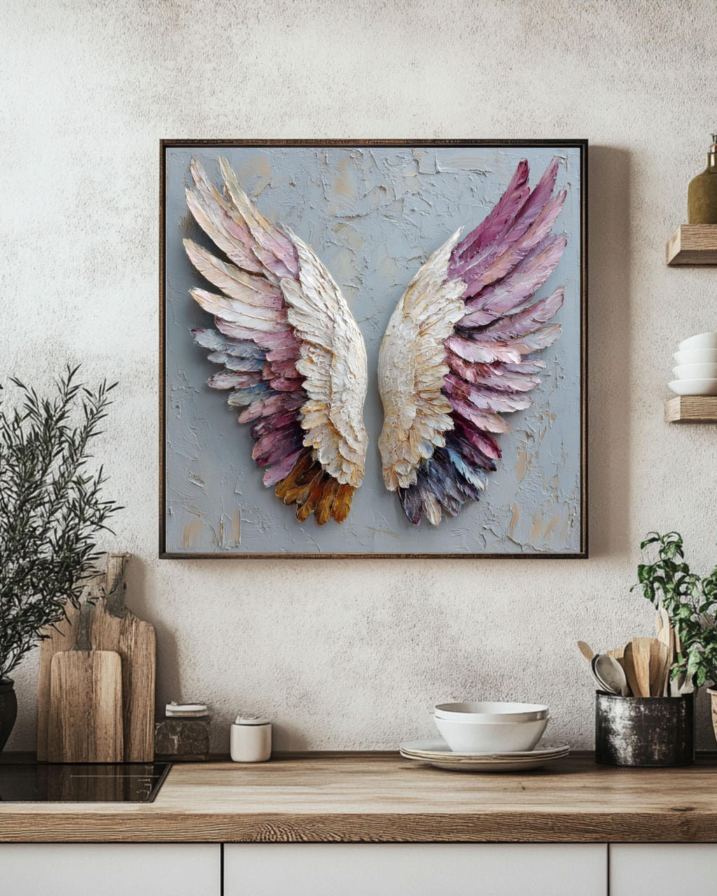Textured Angel Wings Painting on Canvas: Impasto Wall Art Print