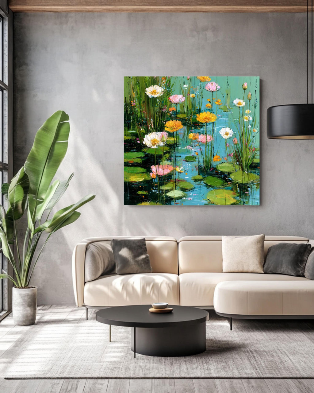 Monet Inspired Water Lilies Canvas Print: Aqua Blue Floral Pond Art