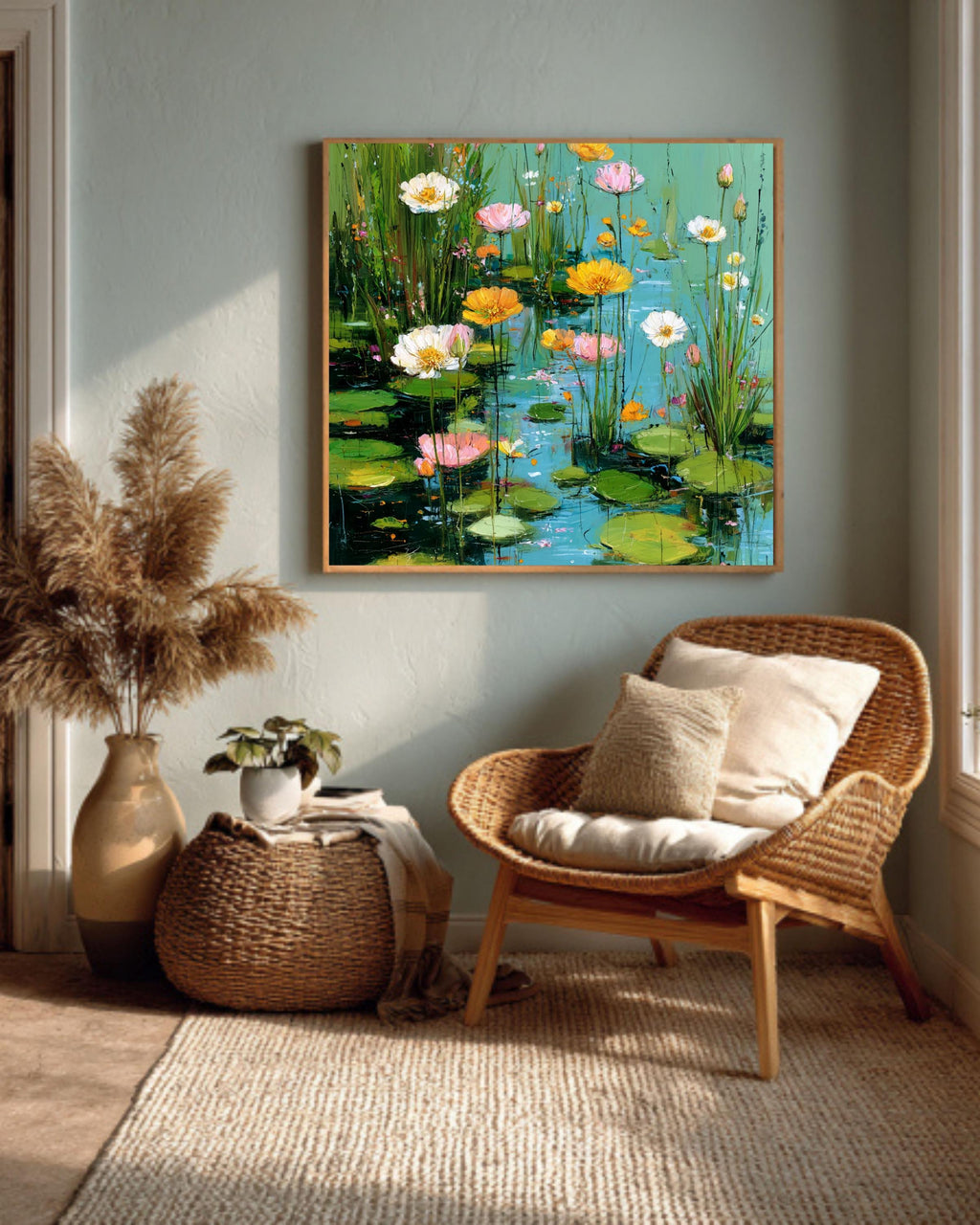 Monet Inspired Water Lilies Canvas Print: Aqua Blue Floral Pond Art