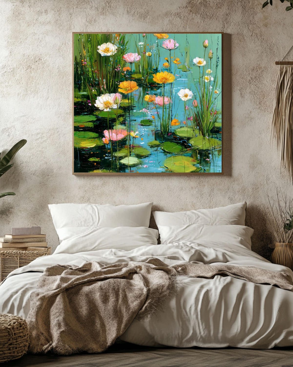 Monet Inspired Water Lilies Canvas Print: Aqua Blue Floral Pond Art
