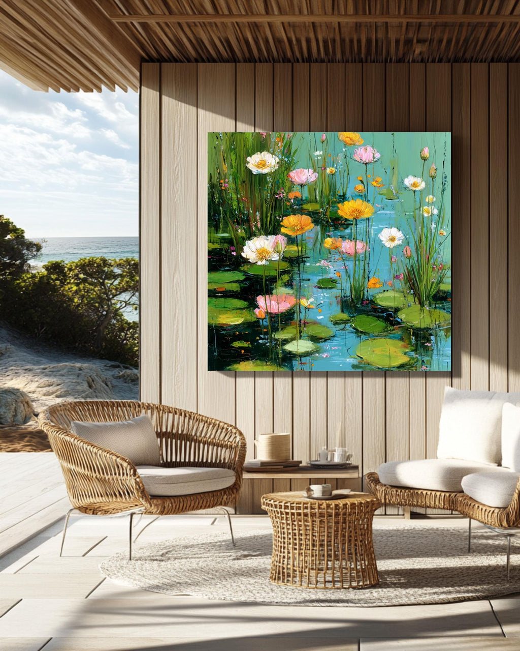 Monet Inspired Water Lilies Canvas Print: Aqua Blue Floral Pond Art