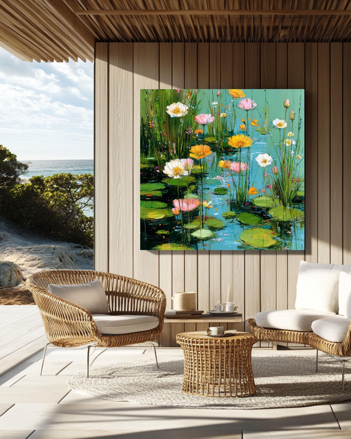 Monet Inspired Water Lilies Canvas Print: Aqua Blue Floral Pond Art
