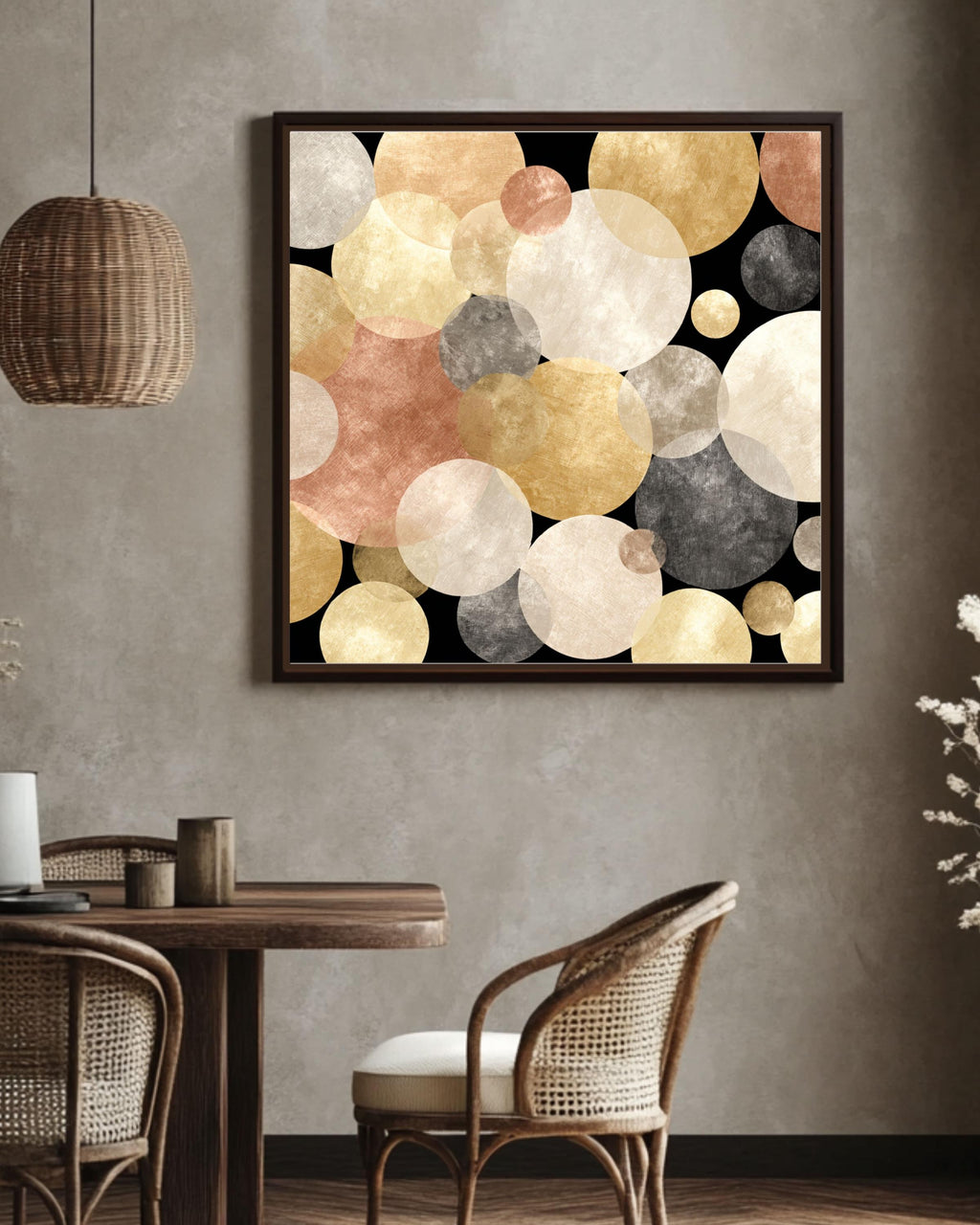 Abstract Gold Circles Canvas: Mid-Century Modern Geometric Wall Art