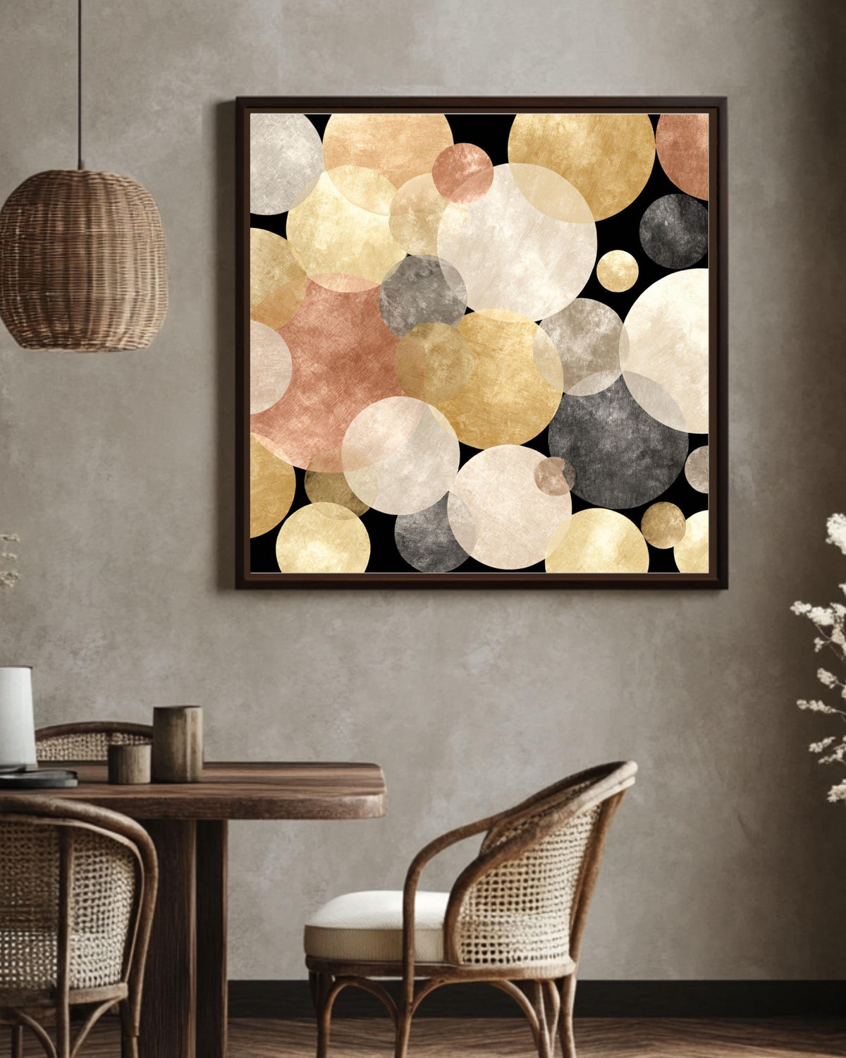 Abstract Gold Circles Canvas: Mid-Century Modern Geometric Wall Art