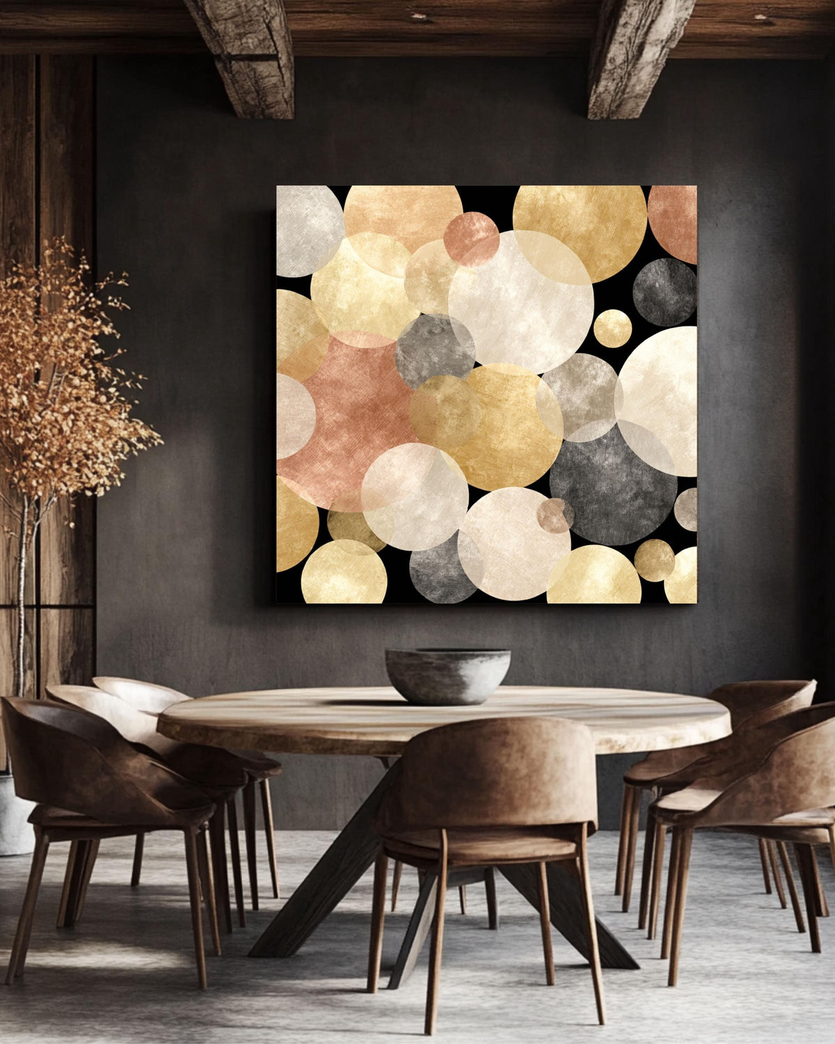 Abstract Gold Circles Canvas: Mid-Century Modern Geometric Wall Art
