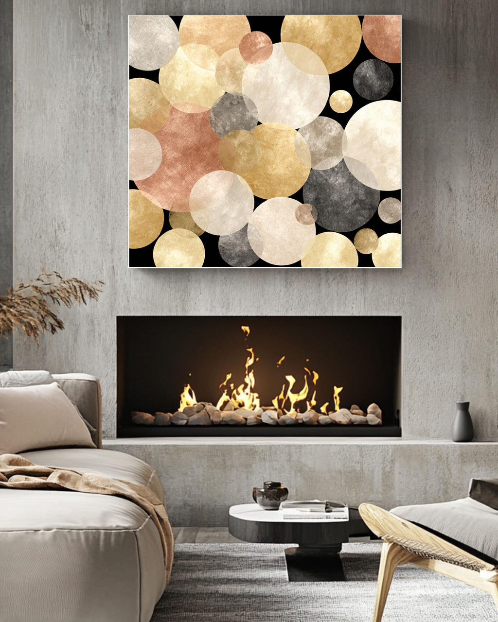Abstract Gold Circles Canvas: Mid-Century Modern Geometric Wall Art