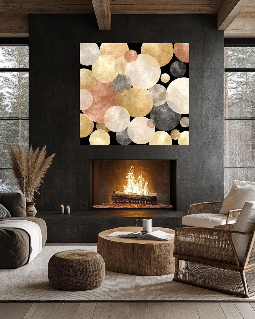 Abstract Gold Circles Canvas: Mid-Century Modern Geometric Wall Art
