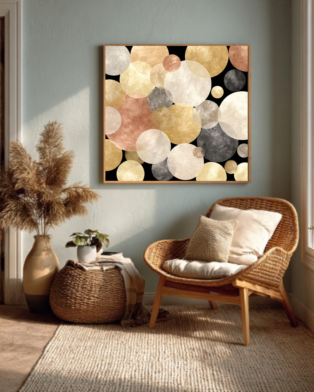 Abstract Gold Circles Canvas: Mid-Century Modern Geometric Wall Art