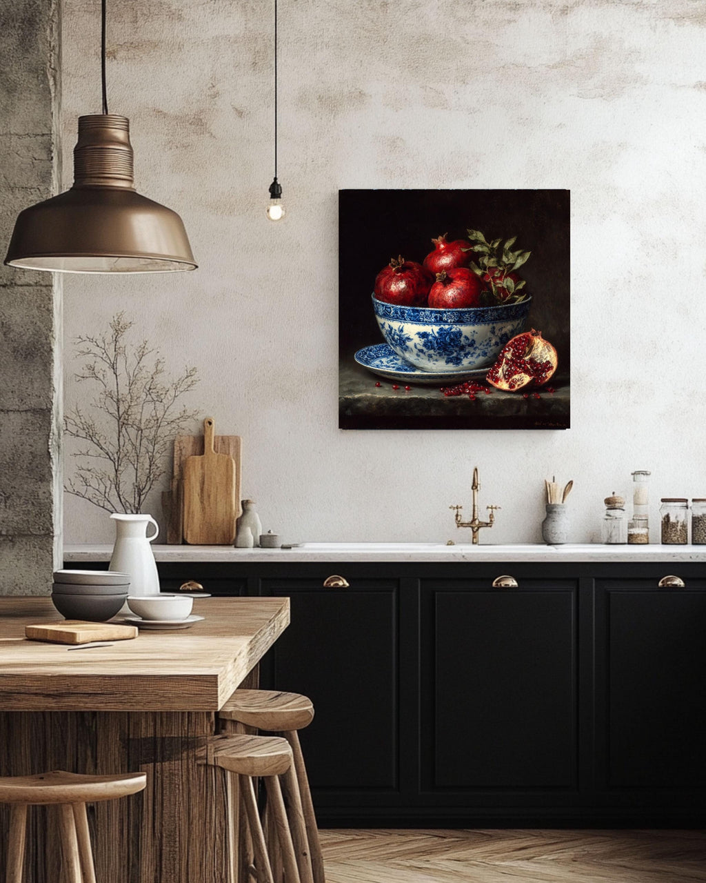 Pomegranate Still Life Canvas: Blue Porcelain Bowl, Dark Academia Kitchen Art