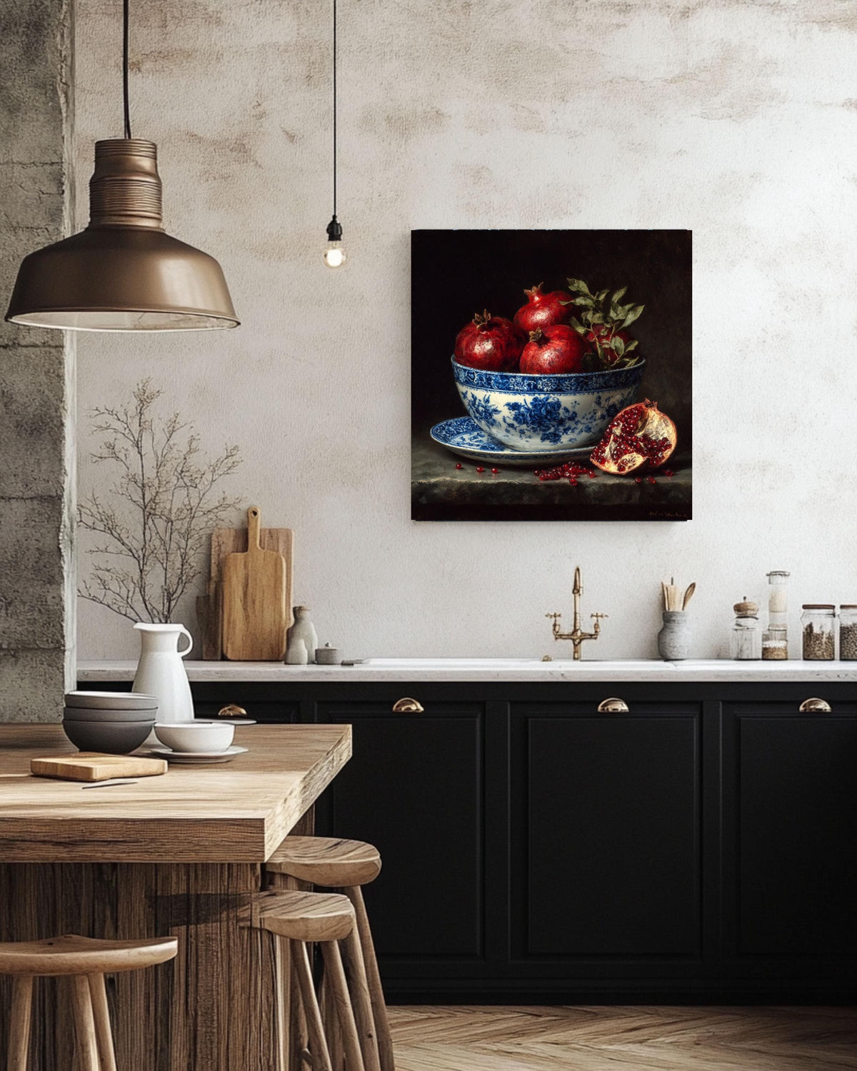 Pomegranate Still Life Canvas: Blue Porcelain Bowl, Dark Academia Kitchen Art