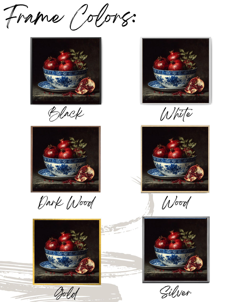 Pomegranate Still Life Canvas: Blue Porcelain Bowl, Dark Academia Kitchen Art