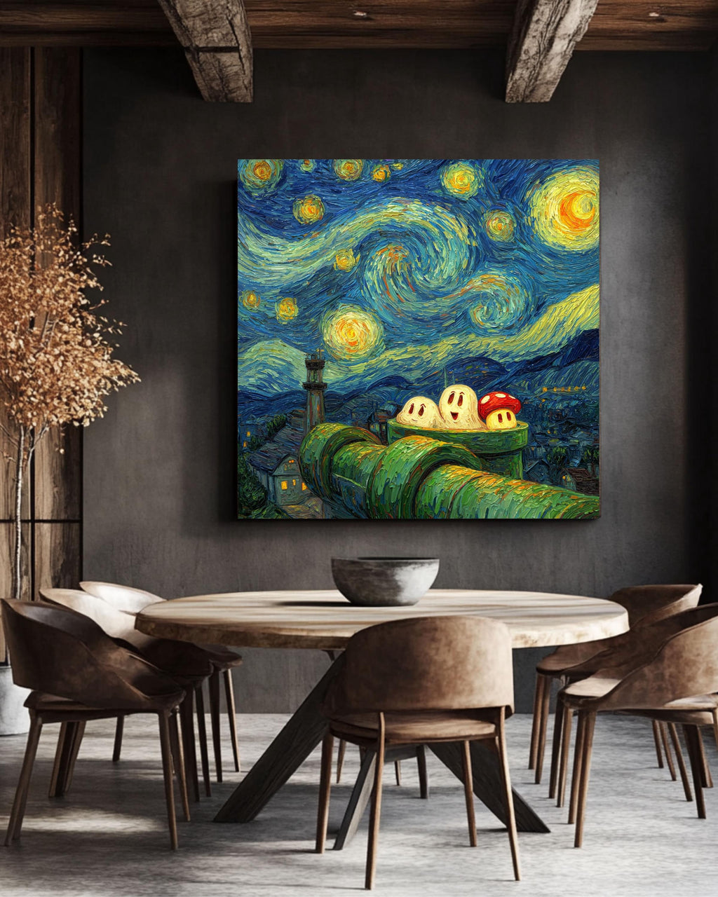 Van Gogh Starry Night Super Mario Canvas: Gamer Room Impasto Art Print