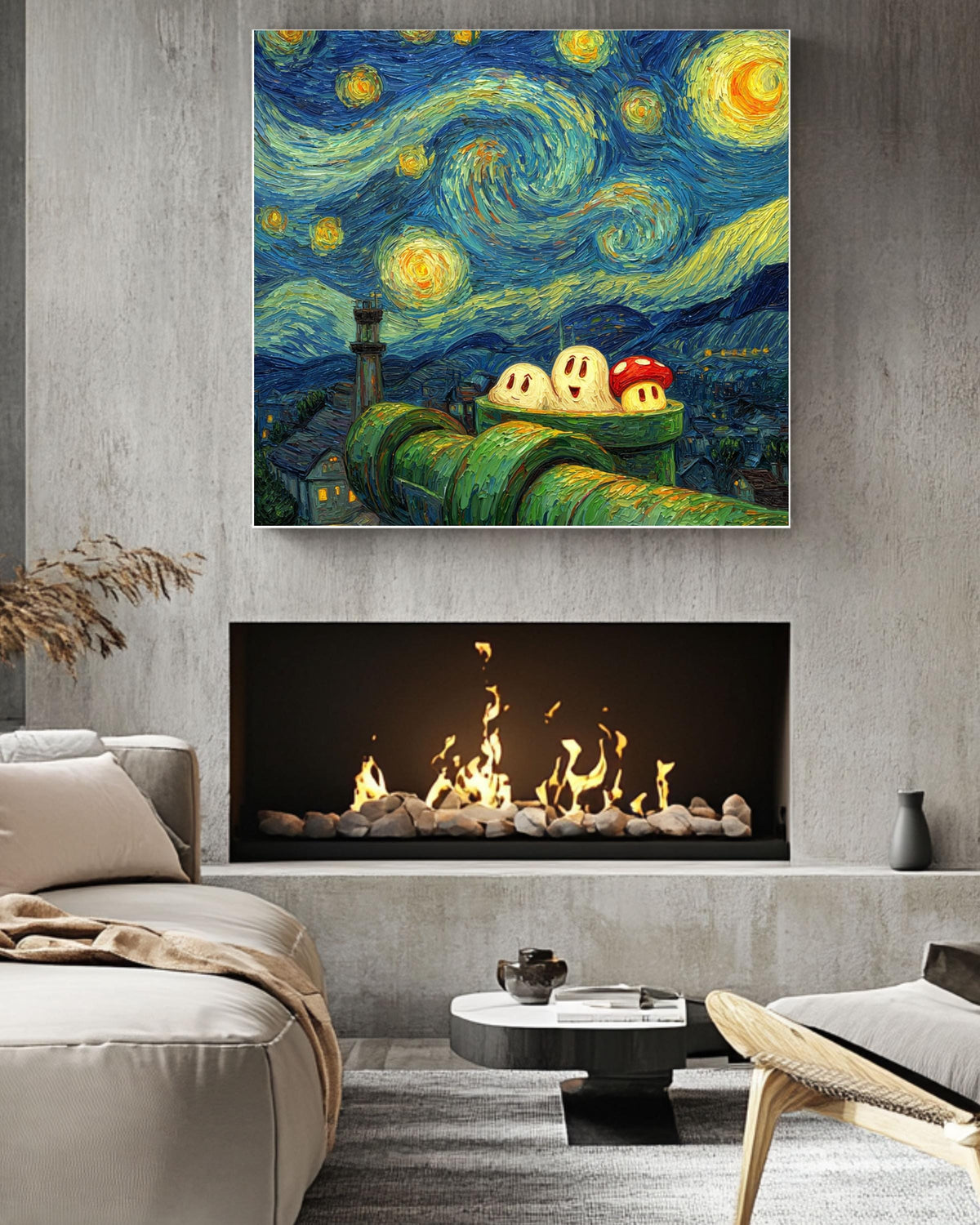 Van Gogh Starry Night Super Mario Canvas: Gamer Room Impasto Art Print