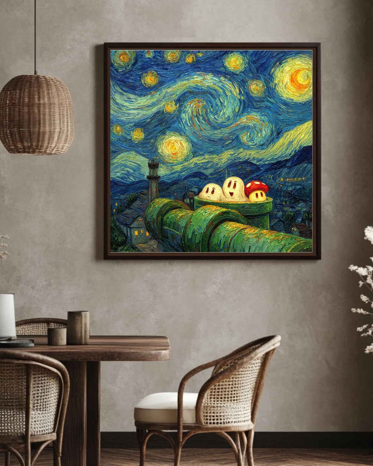 Van Gogh Starry Night Super Mario Canvas: Gamer Room Impasto Art Print