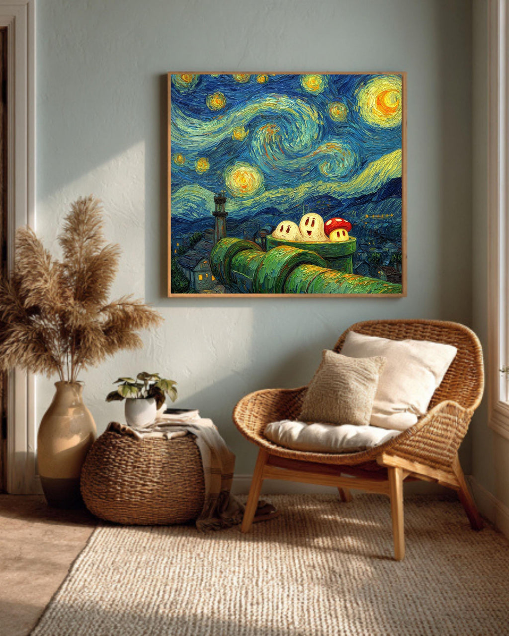 Van Gogh Starry Night Super Mario Canvas: Gamer Room Impasto Art Print
