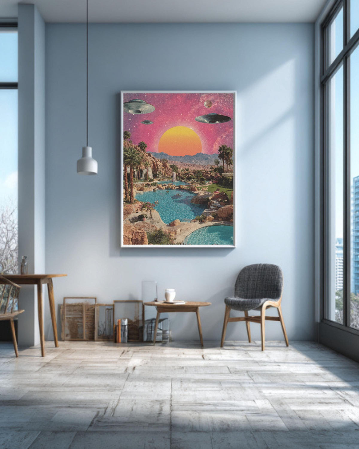 Retro Alien Pool Party Canvas: 80s Vaporwave Sci-Fi Art