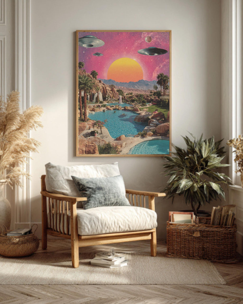 Retro Alien Pool Party Canvas: 80s Vaporwave Sci-Fi Art