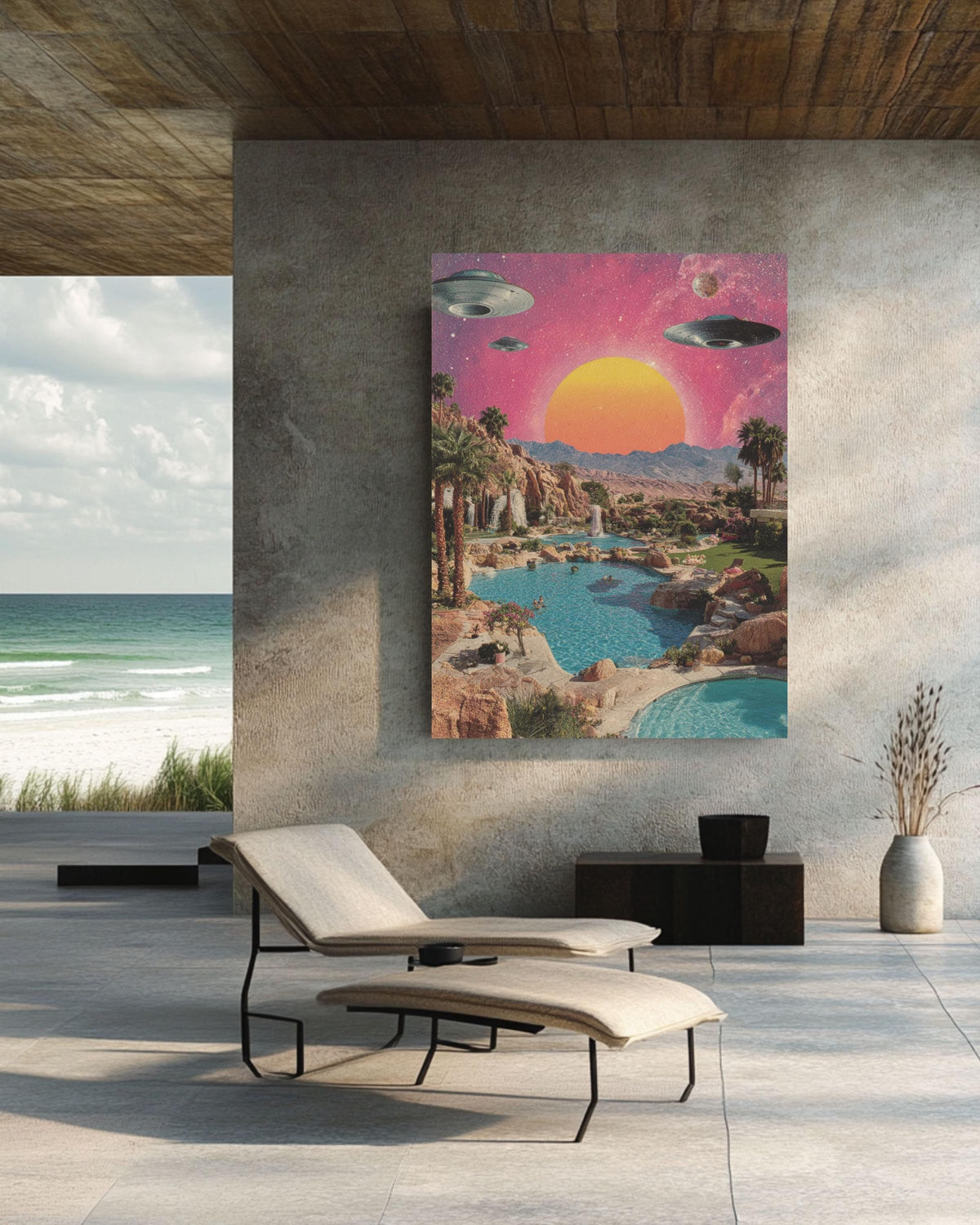 Retro Alien Pool Party Canvas: 80s Vaporwave Sci-Fi Art