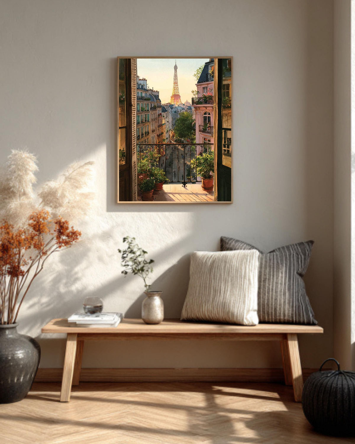 Eiffel Tower Sunset Watercolor Canvas - Paris Balcony View Art