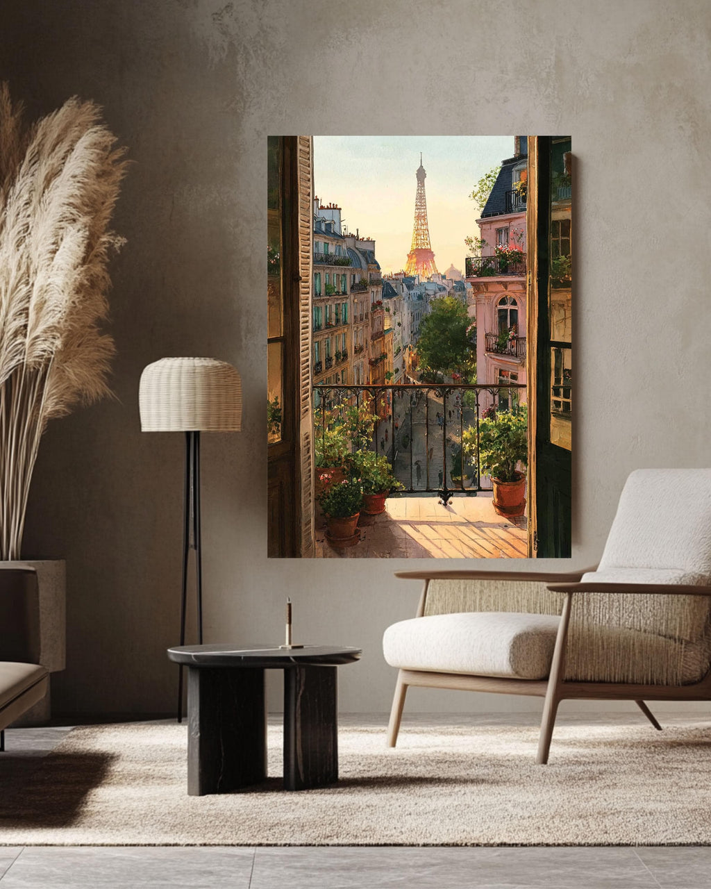 Eiffel Tower Sunset Watercolor Canvas - Paris Balcony View Art
