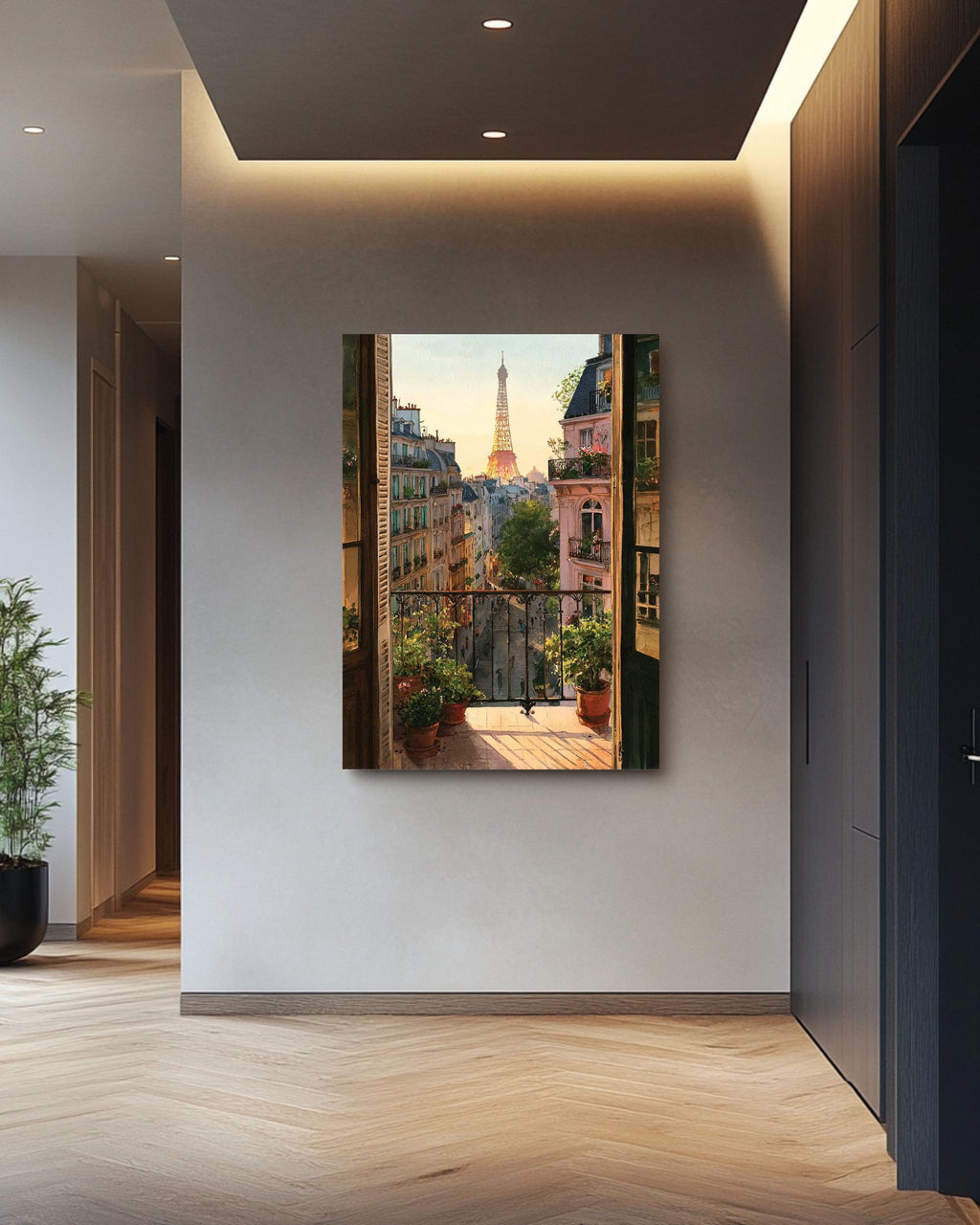Eiffel Tower Sunset Watercolor Canvas - Paris Balcony View Art